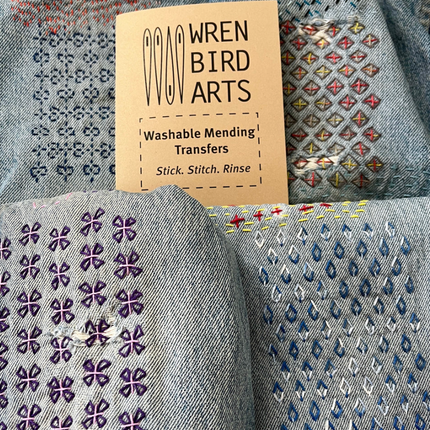 Four stitched examples of the visible mending patterns that can be found in this pattern pack.