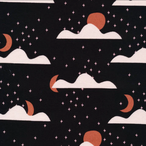 Pattern of moons, clouds, and stars on a black background