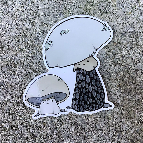 Two smiling mushrooms in a gray color palette. 