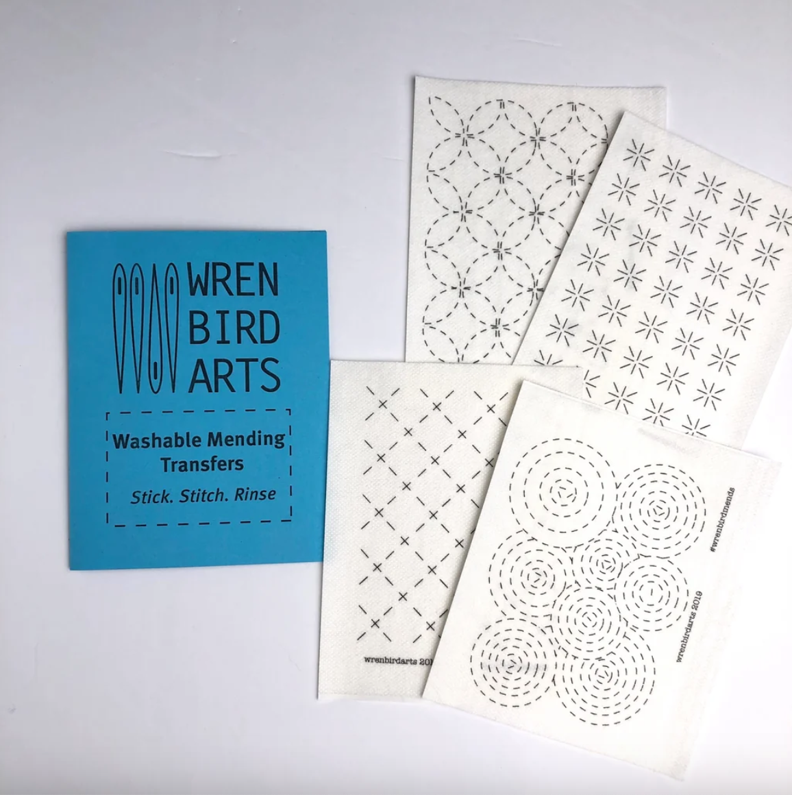 Pack of washable mending transfers from Wren Bird Arts in four different designs. 