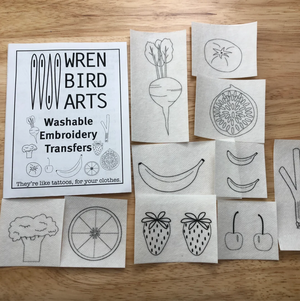 A variety of washable embroidery transfers in different fruit and vegetable designs by Wren Bird Arts.