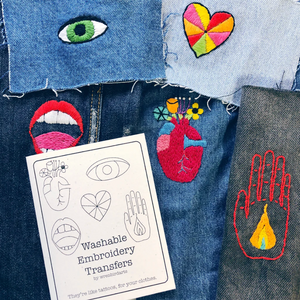 A stitched up example of each of the designs in the washable embroidery transfer pack.