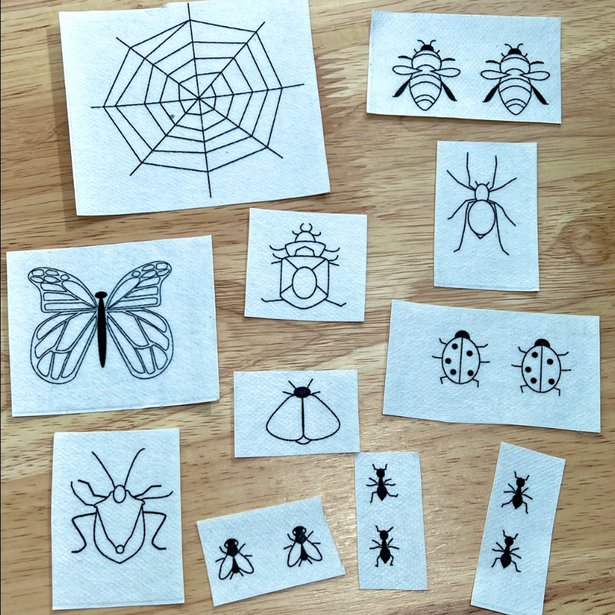 Various embroidery transfers with different bug designs like a spiderweb, butterfly, and ants. 