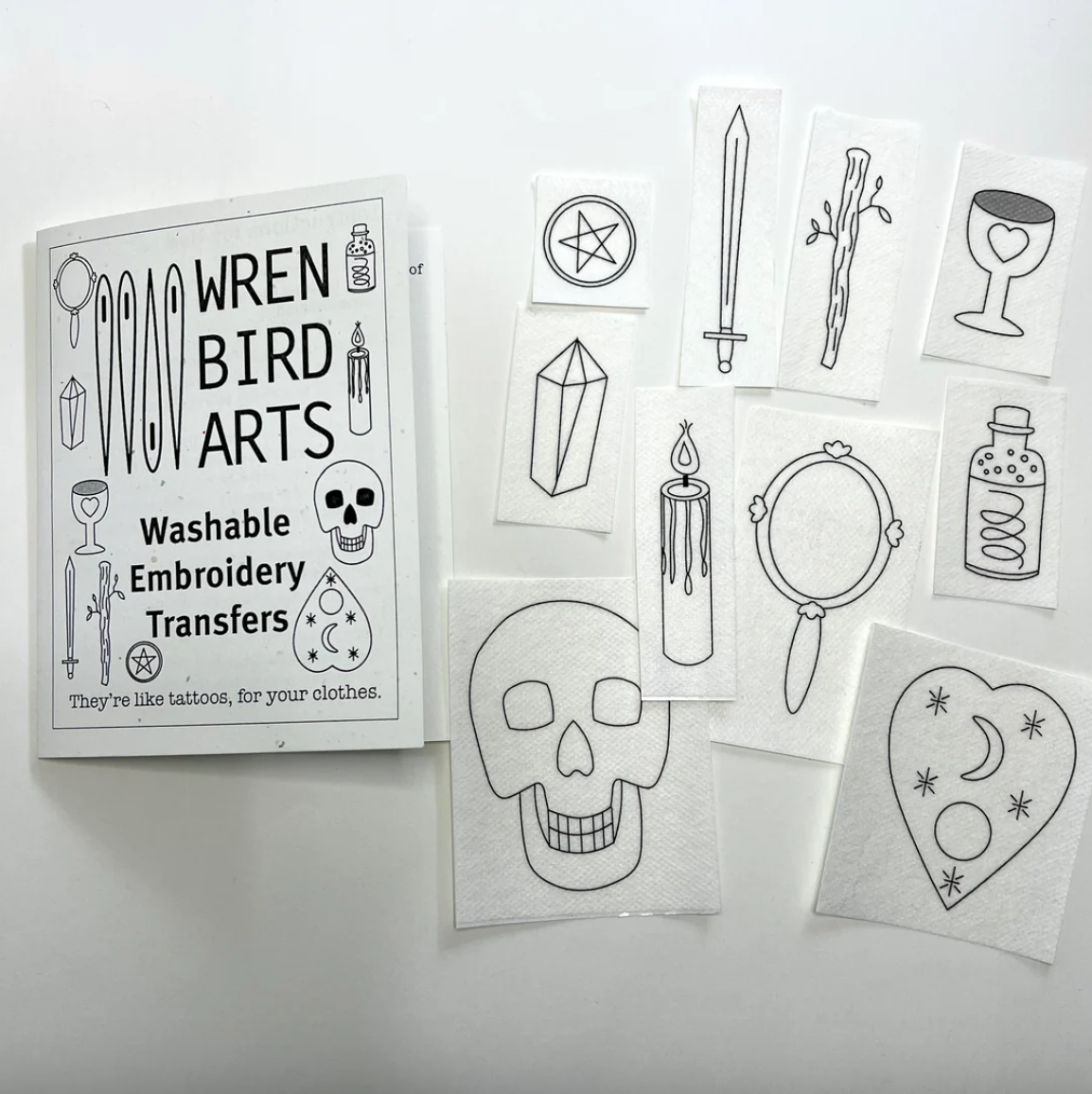 A collection of witchy-themed embroidery transfers from Wren Bird Arts