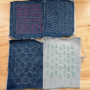 Stitched up examples of the patterns in this pack on different denim fabric rectangles. 