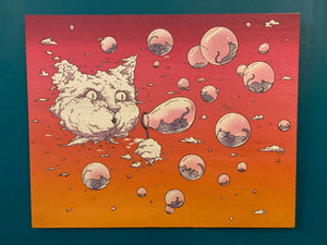 Wood Print: Bubble Cat - Sunset