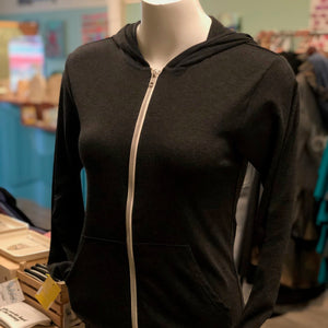 Heather black triblend unisex hooded sweatshirt.  Shown here from the zippered front.