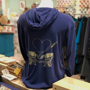Heathered royal blue triblend unisex hooded sweatshirt. Two AT-AT's are shown falling in love. 
