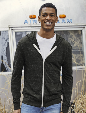 Heathered gray lightweight hoodie shown here on a model from the front.