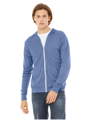 A light heathered blue hooded sweatshirt shown from the front on a stock model. Zipper front.
