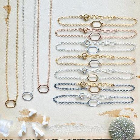 Buoy Bracelet - handmade petite dappled elongated hexagon charm bracelet - Foamy Wader