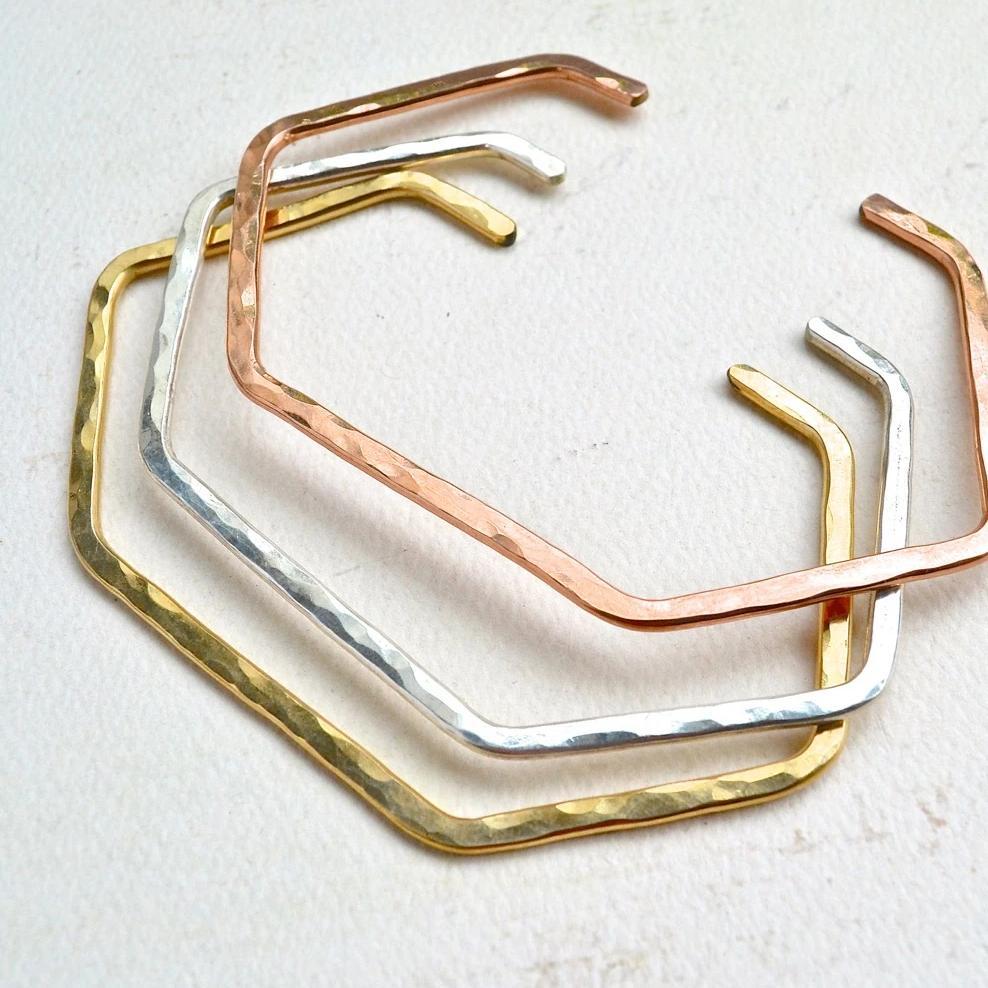 Buoy Cuff Bracelet - handmade elongated hexagon hammered cuff bracelet - Foamy Wader