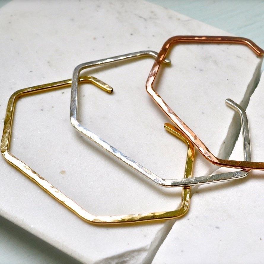 Buoy Cuff Bracelet - handmade elongated hexagon hammered cuff bracelet - Foamy Wader