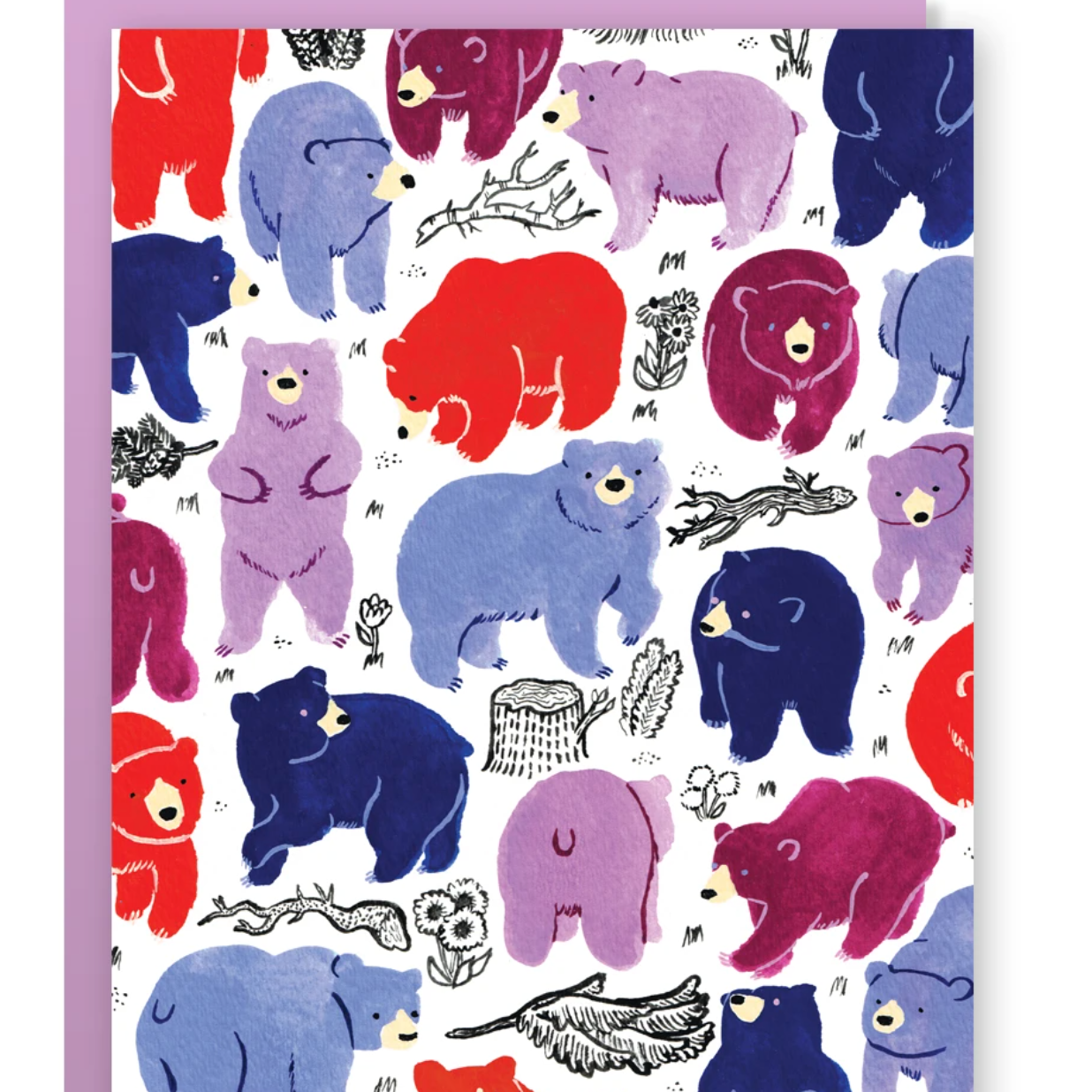 A greeting card based on a gouache painting in shades of purple and red. There are illustrated bears covering the card as well as some black and white drawings of flowers, tree stumps and sticks. 