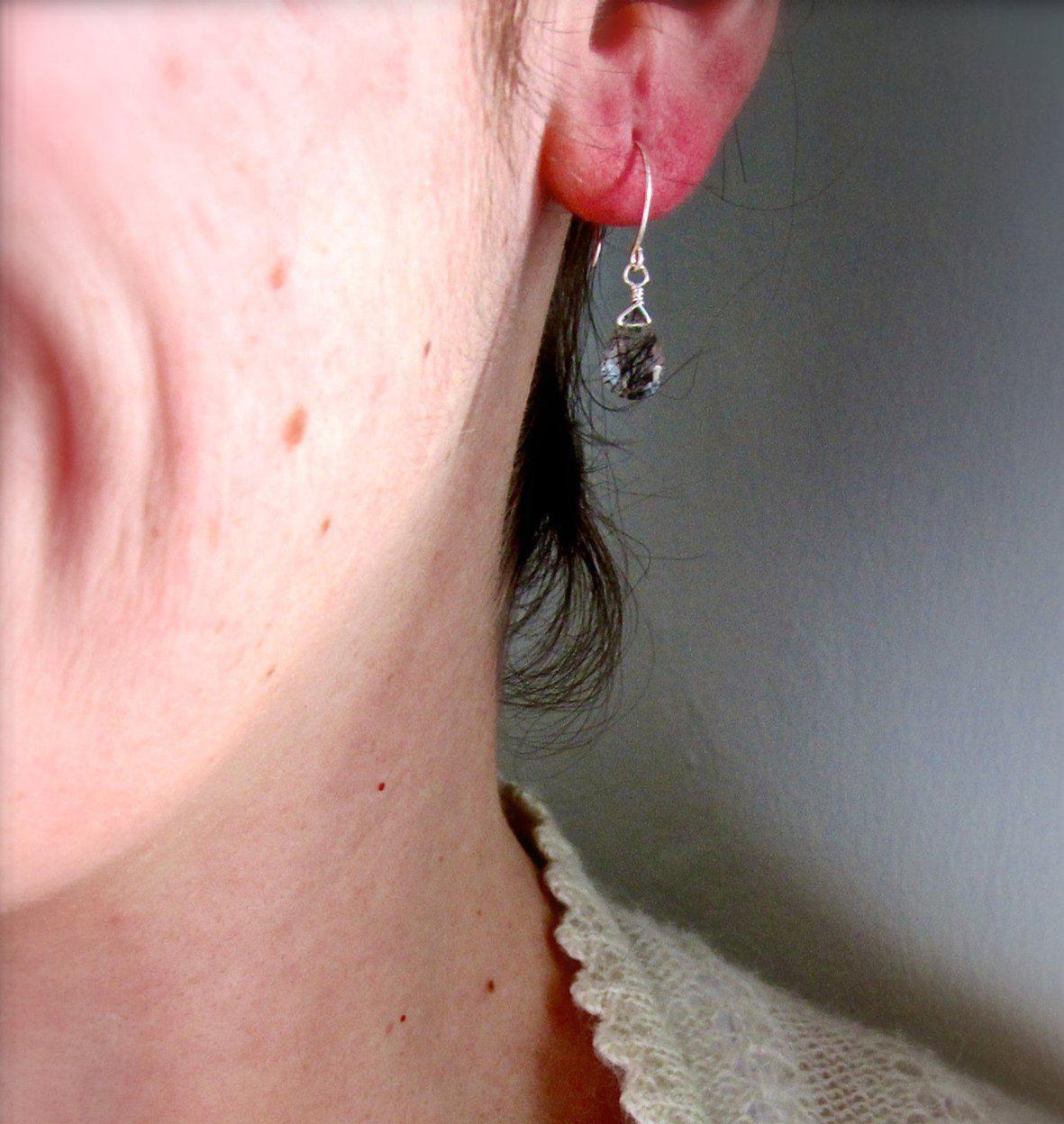 Black Sea Earrings - black striped tourmalinated quartz gemstone drop earrings - Foamy Wader