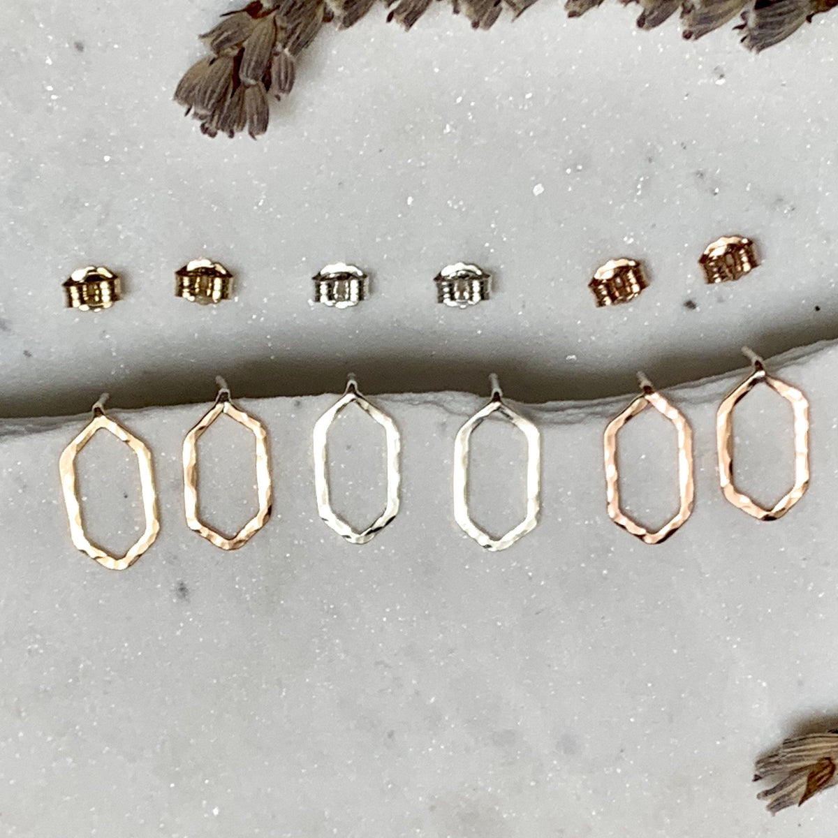 Boardwalk Stud Earrings - minimalist hammered hexagon post earrings - Foamy Wader