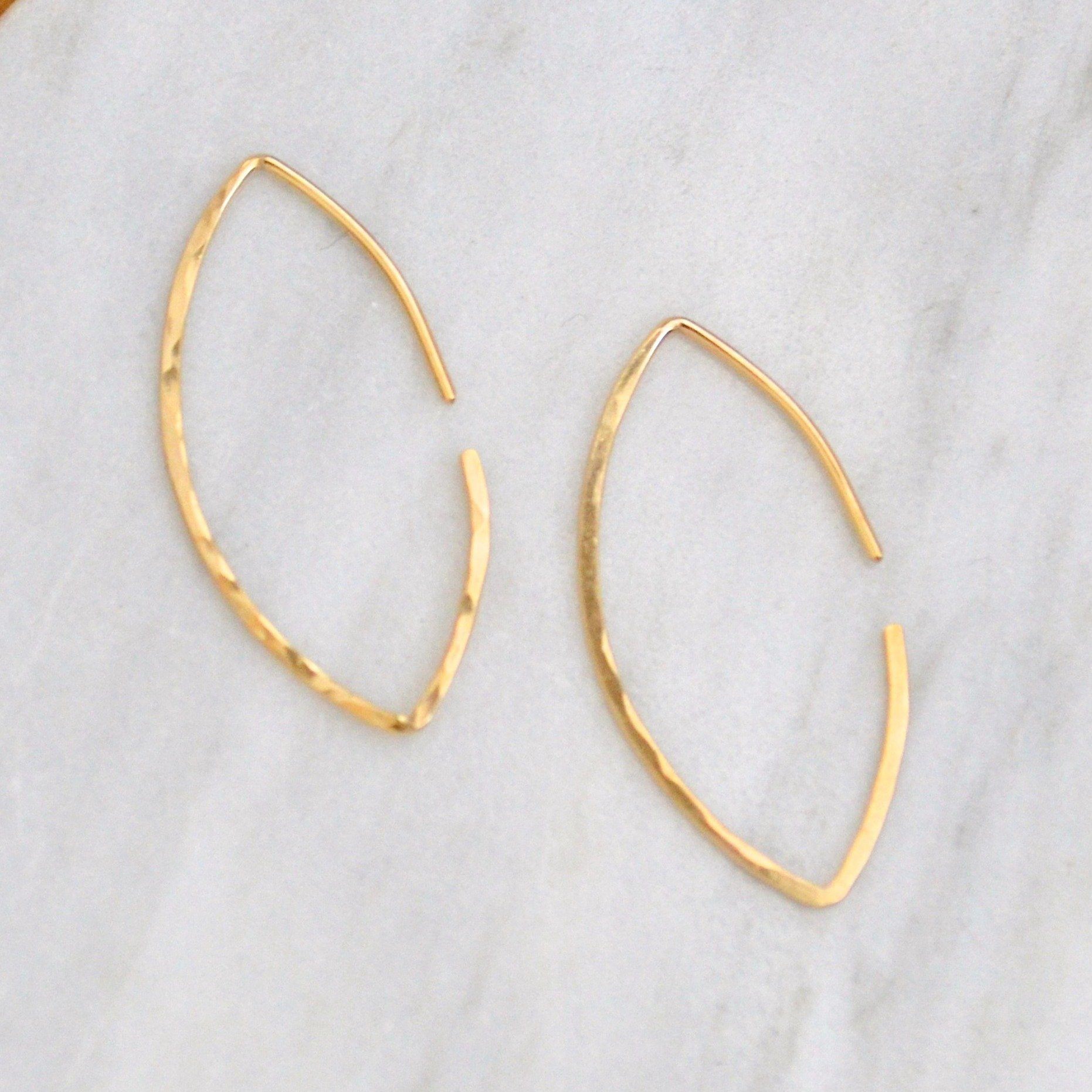 Buffy Hoop Earrings - handmade hammered marquise sleek hoop earrings in 14k gold - Foamy Wader