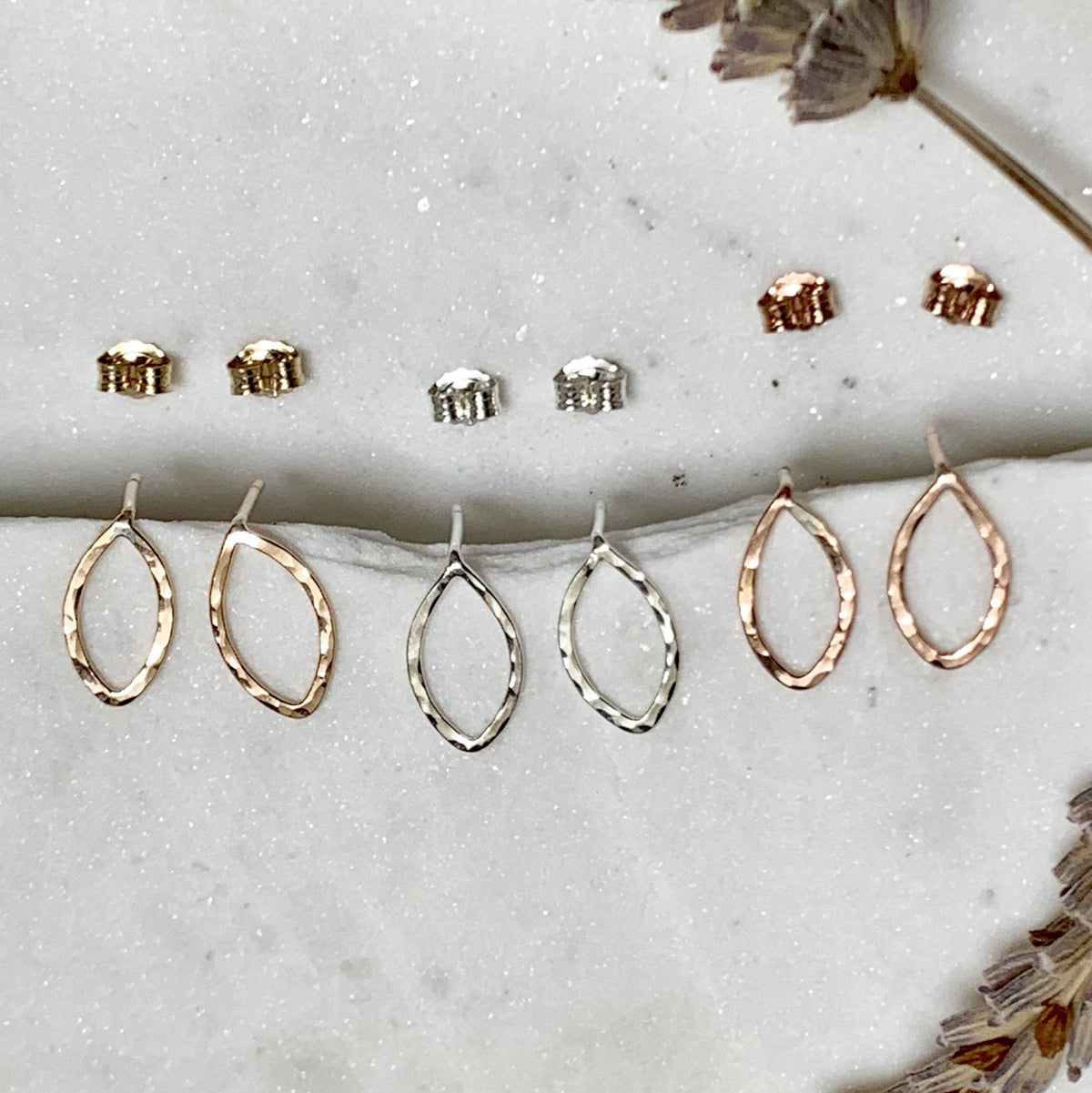 Buffy Stud Earrings - minimalist hammered marquise dagger post earrings - Foamy Wader