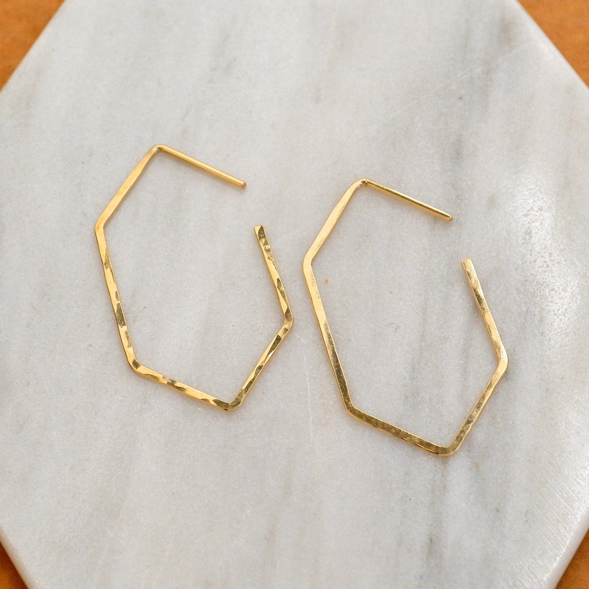 Buoy Hoop Earrings - handmade hammered elongated hexagon hoop earrings in 14k gold - Foamy Wader