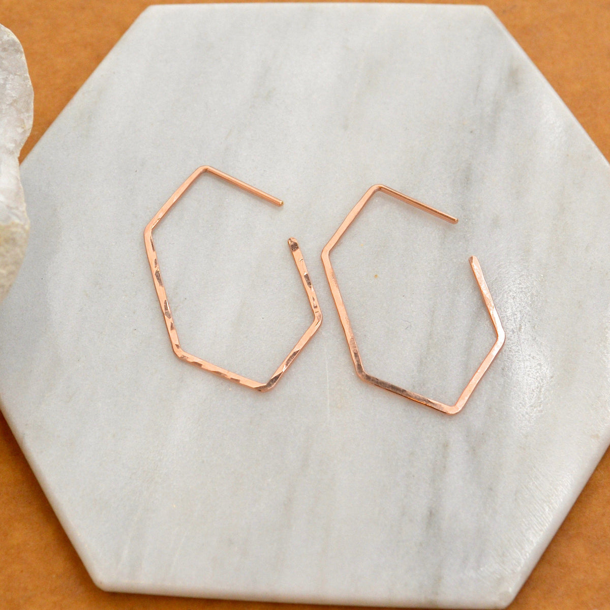 Buoy Hoop Earrings - handmade hammered elongated hexagon hoop earrings in 14k gold - Foamy Wader