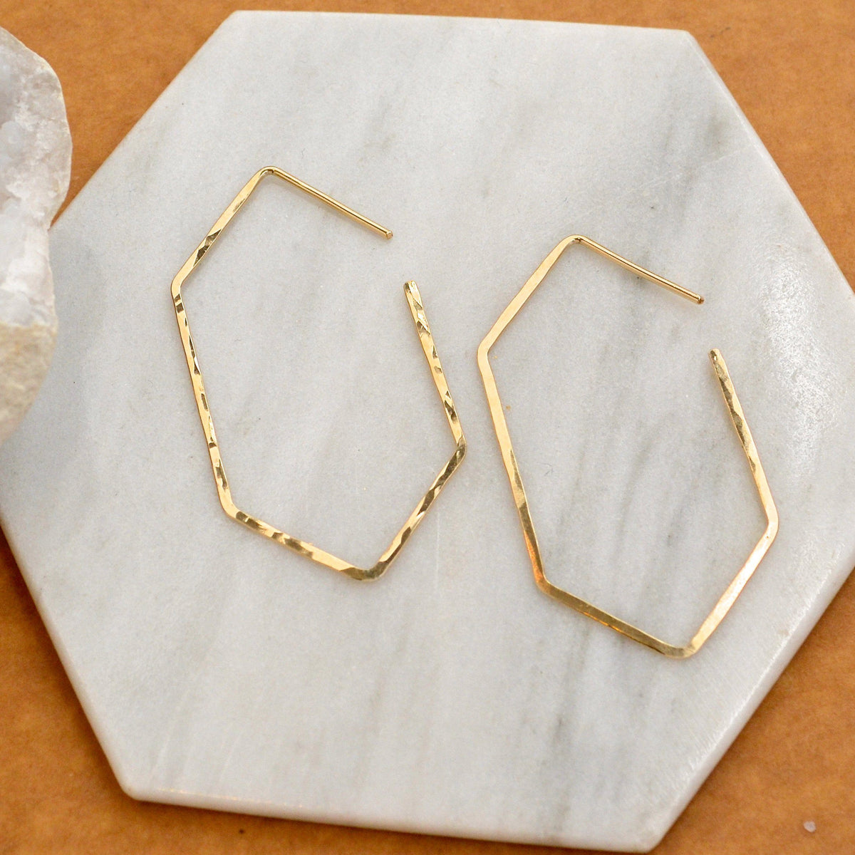 Buoy Hoop Earrings - handmade hammered elongated hexagon hoop earrings in 14k gold - Foamy Wader