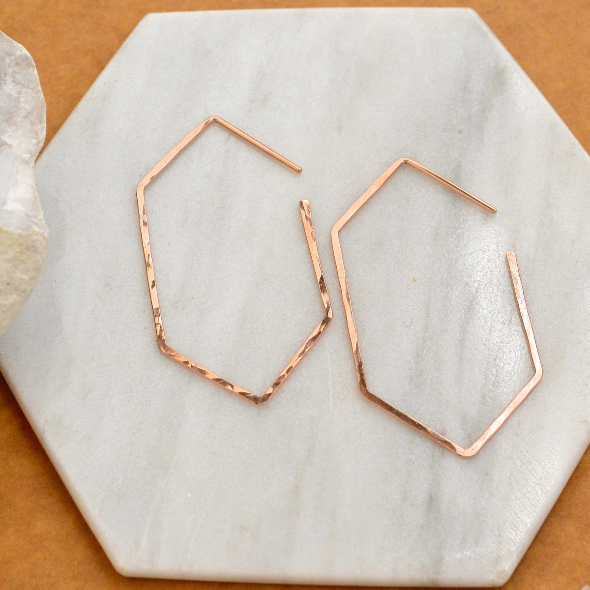 Buoy Hoop Earrings - handmade hammered elongated hexagon hoop earrings in 14k gold - Foamy Wader