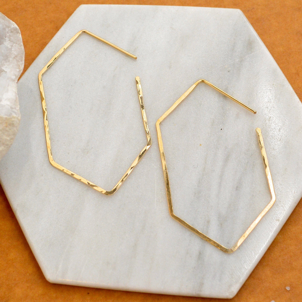 Buoy Hoop Earrings - handmade hammered elongated hexagon hoop earrings in 14k gold - Foamy Wader