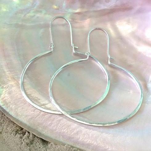 Canoe Earrings - handmade oval hammered dangling hoop earrings in 14k gold - Foamy Wader