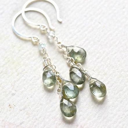 Cascades Earrings - teal moss aquamarine gemstone tendrils earrings - Foamy Wader