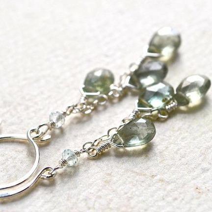 Cascades Earrings - teal moss aquamarine gemstone tendrils earrings - Foamy Wader