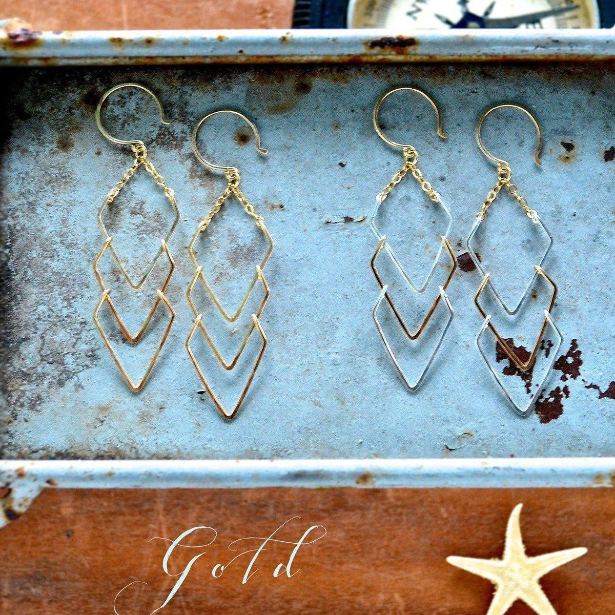 Currents Earrings - handmade triple arrowhead dangle nautical earrings - Foamy Wader