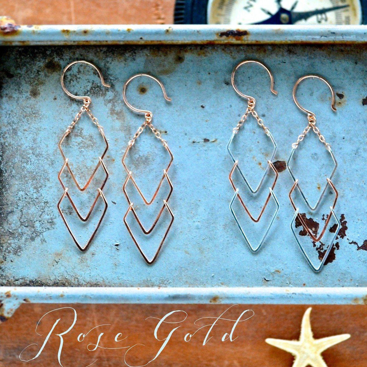 Currents Earrings - handmade triple arrowhead dangle nautical earrings - Foamy Wader