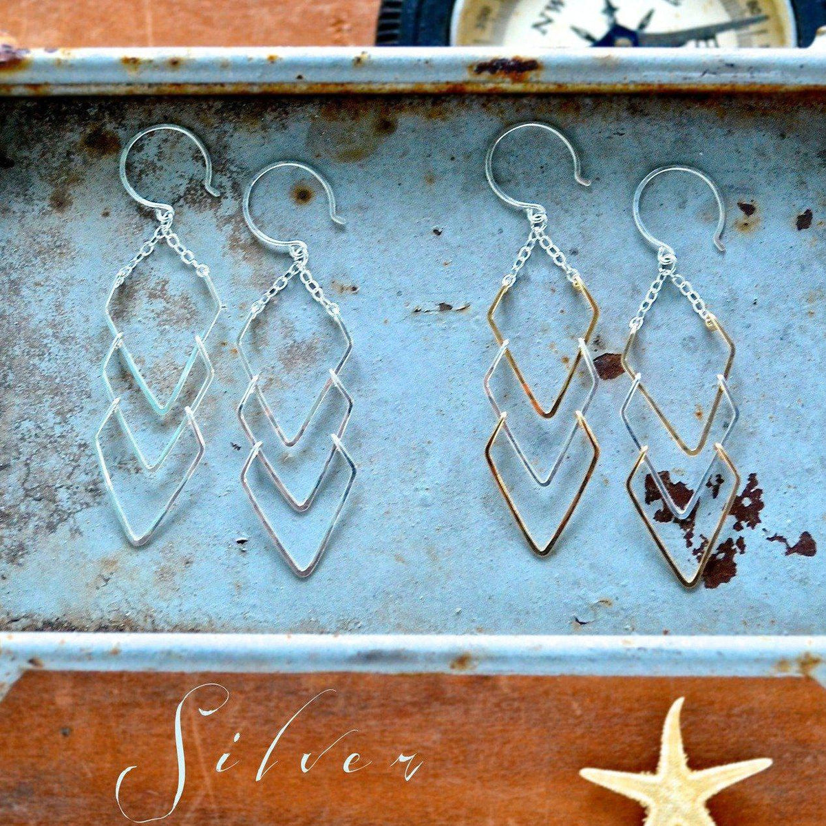 Currents Earrings - handmade triple arrowhead dangle nautical earrings - Foamy Wader