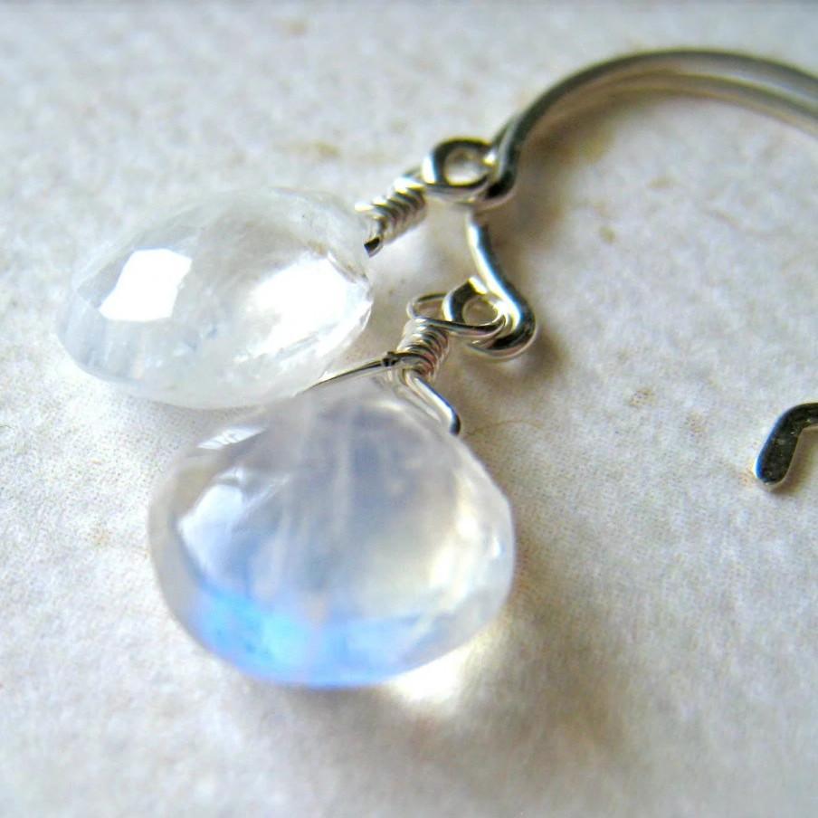 Moon Shadow Earrings - white rainbow moonstone gemstone drop earrings - Foamy Wader