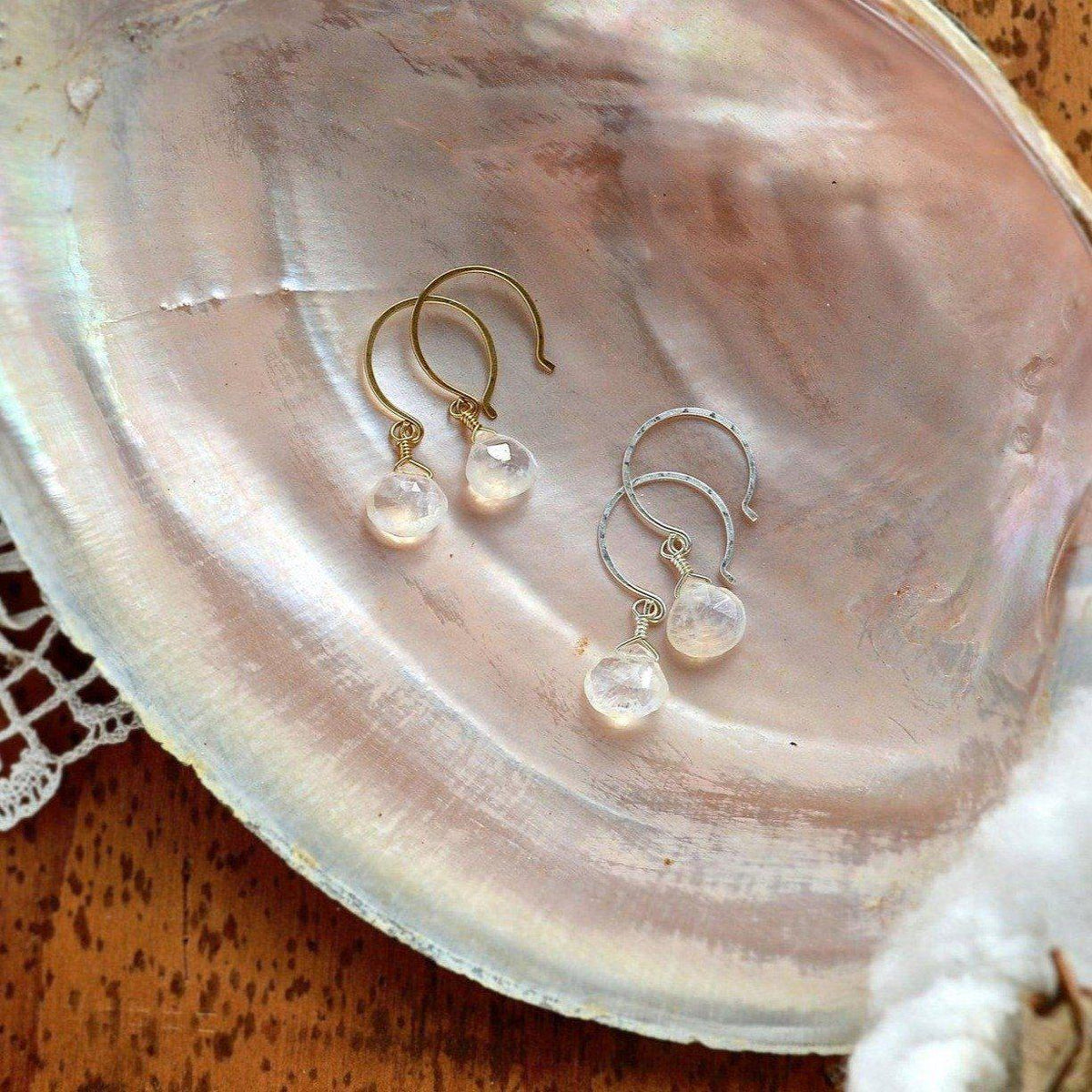 Moon Shadow Earrings - white rainbow moonstone gemstone drop earrings - Foamy Wader