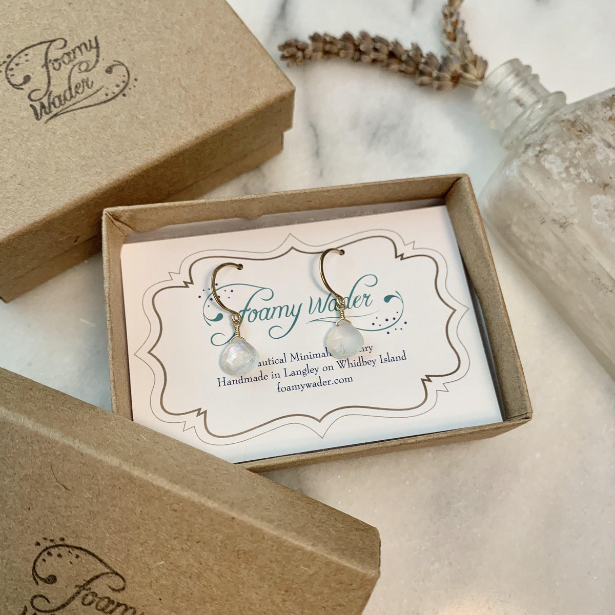 Moon Shadow Earrings - white rainbow moonstone gemstone drop earrings - Foamy Wader