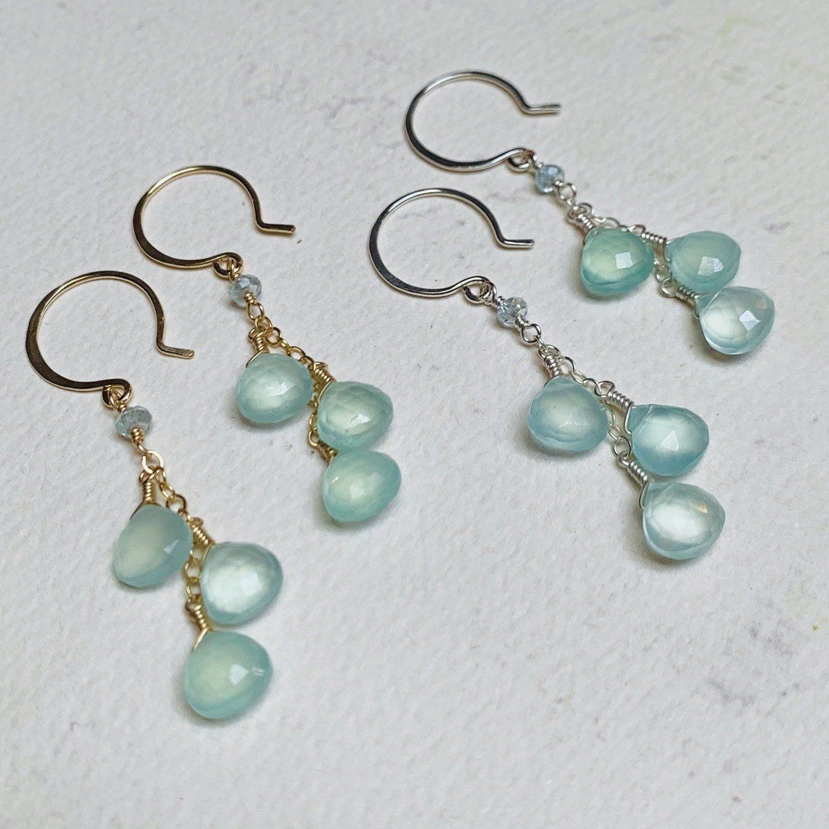Morning Dew Earrings - aqua blue chalcedony gemstone tendrils earrings - Foamy Wader