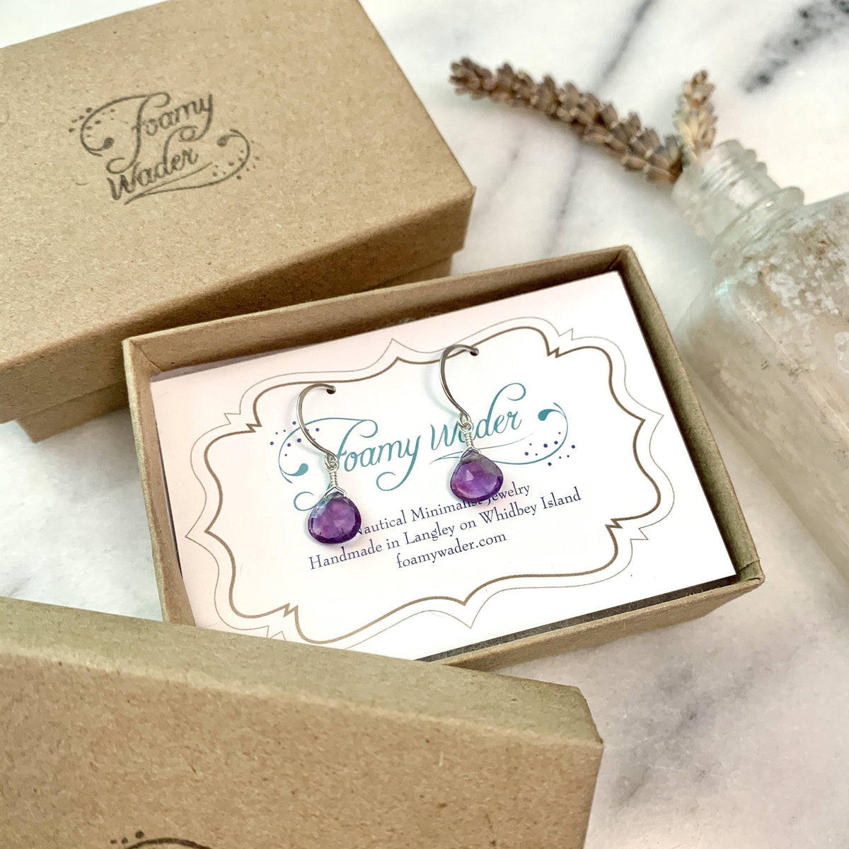 Passiflora Earrings - purple amethyst gemstone drop earrings - Foamy Wader
