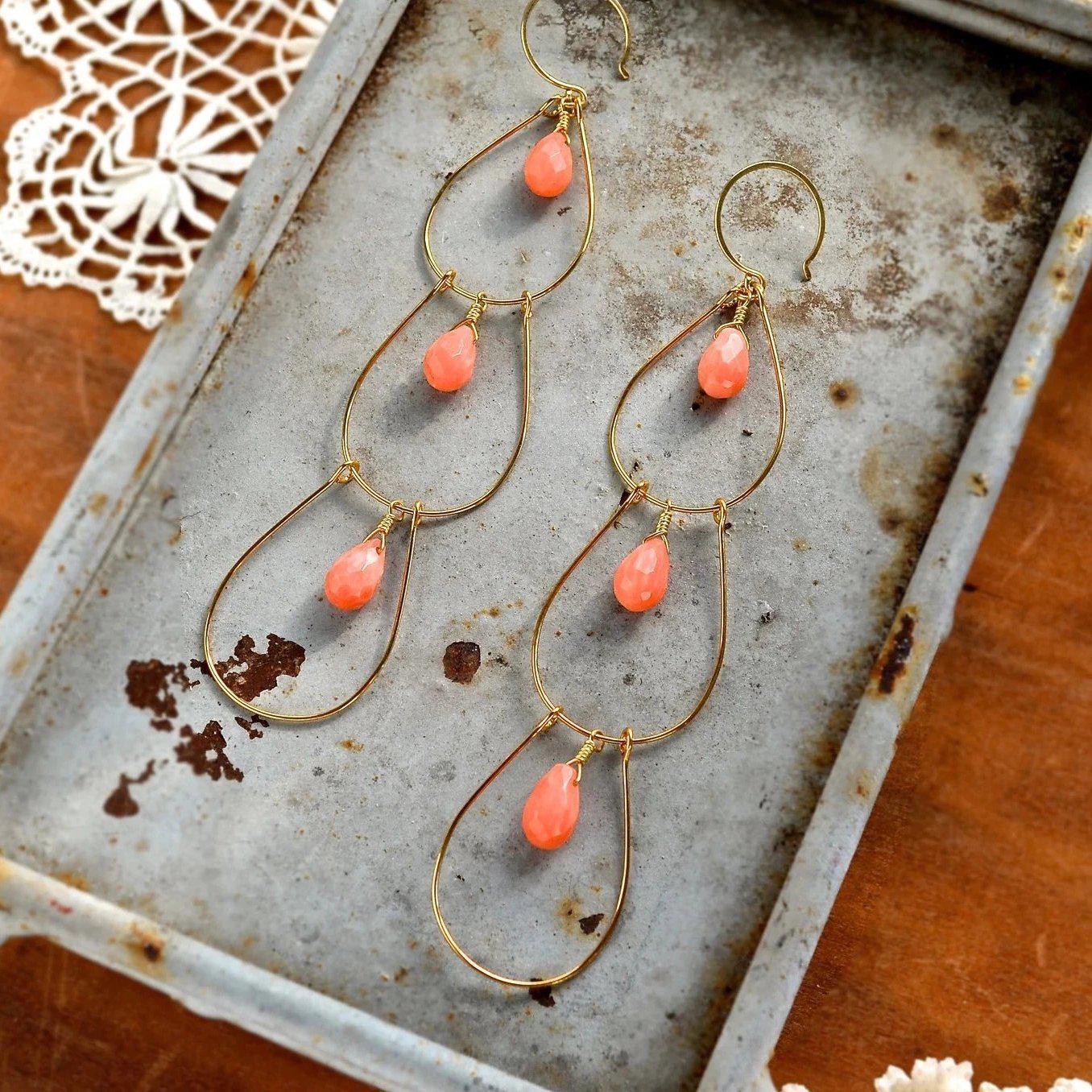 Peacock Feathers Earrings - long triple dangle earrings in peach coral - Foamy Wader