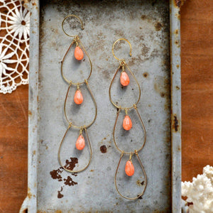 Peacock Feathers Earrings - long triple dangle earrings in peach coral - Foamy Wader
