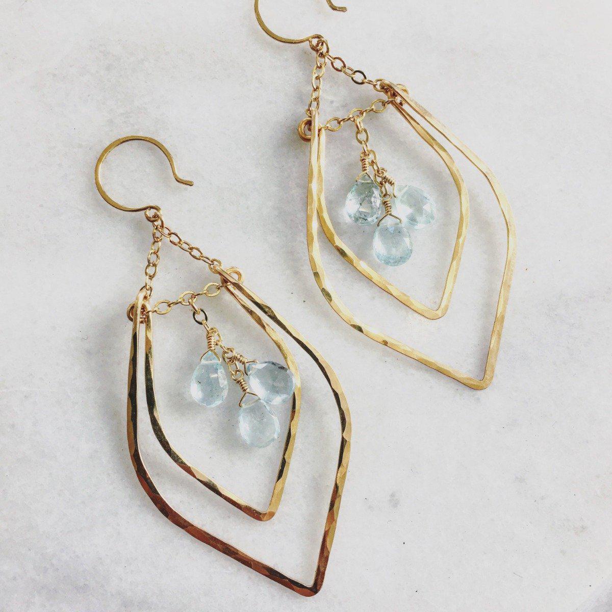 Rope Swing Earrings - handmade marquise dangle earrings with aquamarine - Foamy Wader