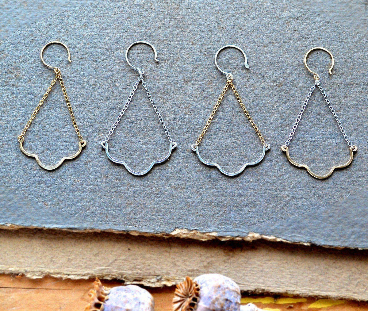 Scallop Earrings - nautical minimalist scallop chandelier dangle earrings - Foamy Wader