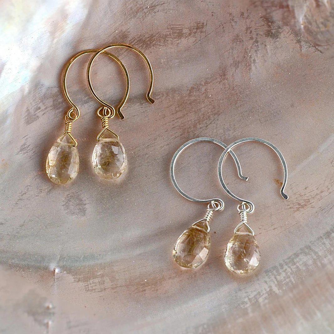 Shimmer Earrings - gold rutilated quartz gemstone drop earrings - Foamy Wader
