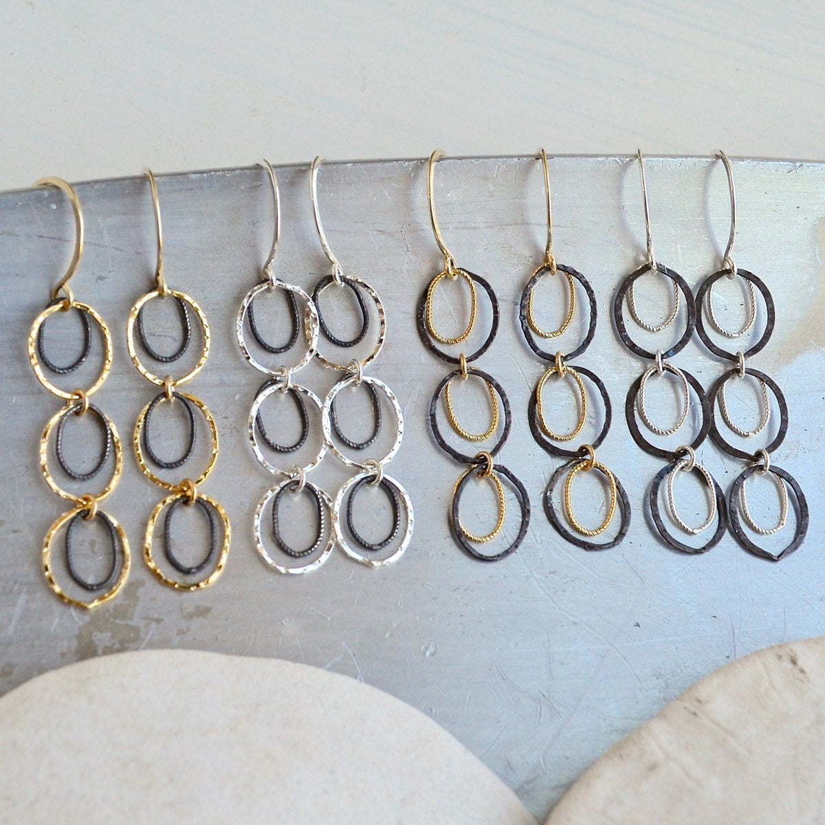 Skipping Stones Earrings - dangling multi circle earrings in gold, silver, or mixed metals - Foamy Wader