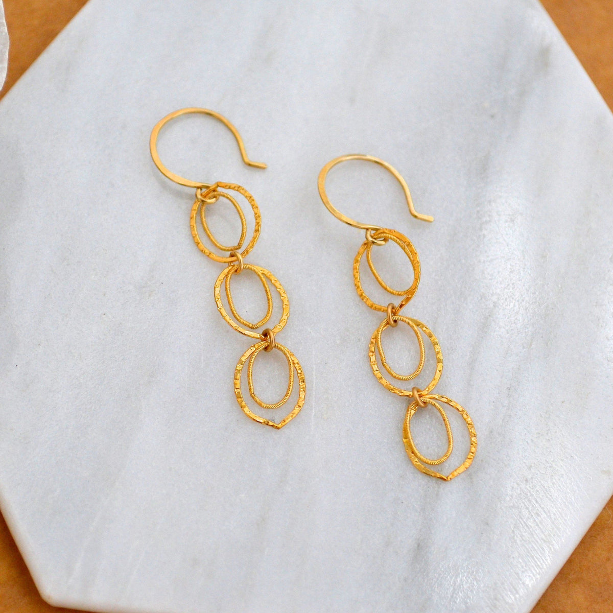 Skipping Stones Earrings - dangling multi circle earrings in gold, silver, or mixed metals - Foamy Wader
