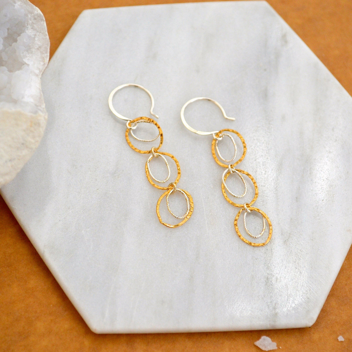 Skipping Stones Earrings - dangling multi circle earrings in gold, silver, or mixed metals - Foamy Wader