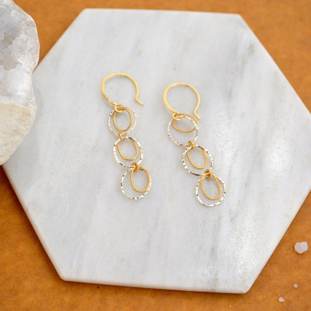 Skipping Stones Earrings - dangling multi circle earrings in gold, silver, or mixed metals - Foamy Wader