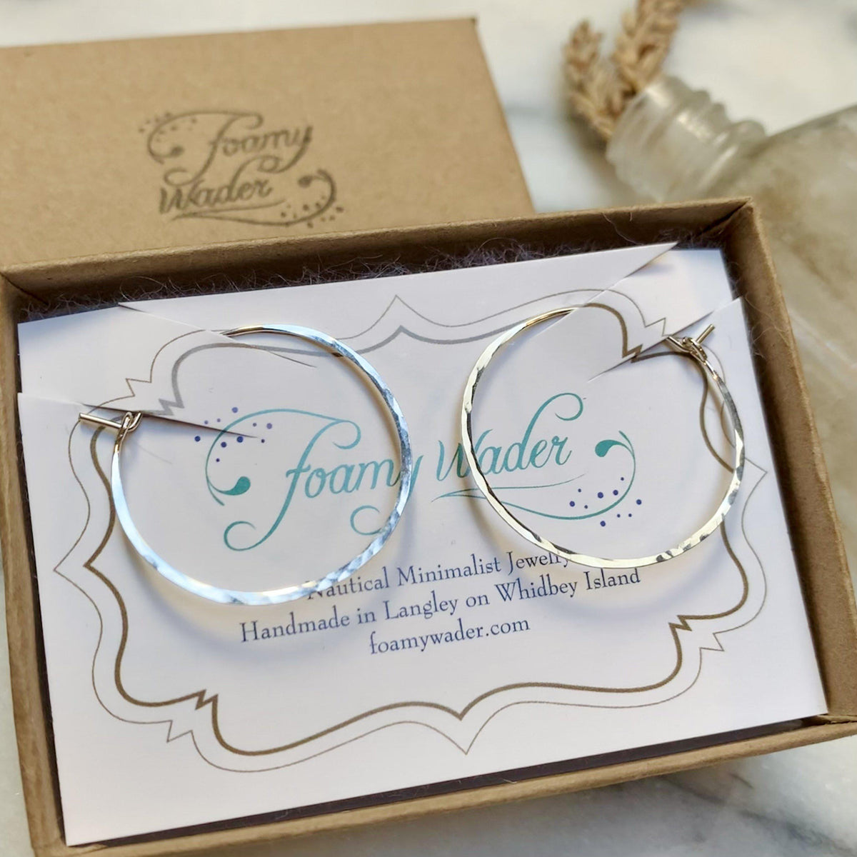 Sliver Hoop Earrings - handmade hammered lightweight thin hoop earrings - Foamy Wader