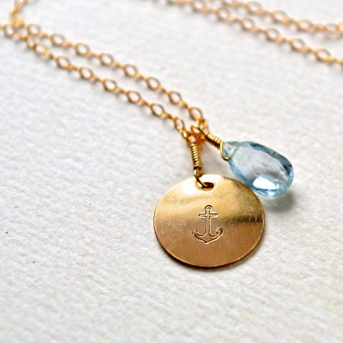 Anchor Necklace - handmade nautical anchor charm necklace with aquamarine - Foamy Wader