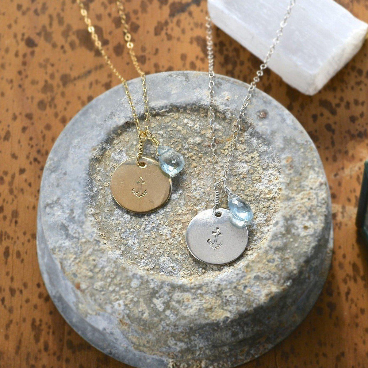 Anchor Necklace - handmade nautical anchor charm necklace with aquamarine - Foamy Wader